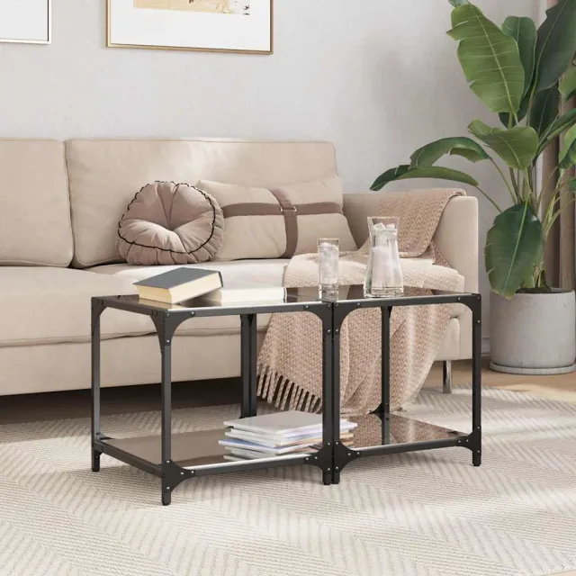 vidaXL Salontafels 2 st met zwart glazen blad 40x40x40 cm staal, foto 2