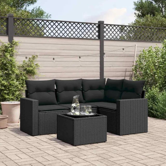 vidaXL 5-delige Loungeset met kussens poly rattan zwart, foto 2