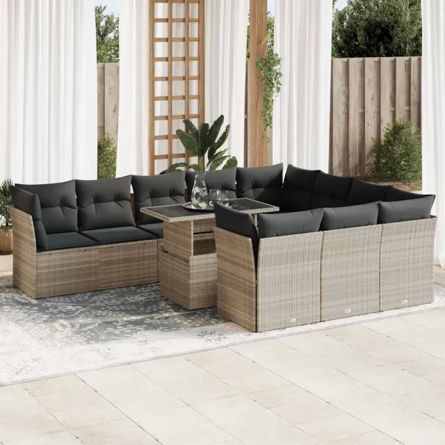 vidaXL 11-delige Loungeset met kussens poly rattan lichtgrijs grijs, foto 2