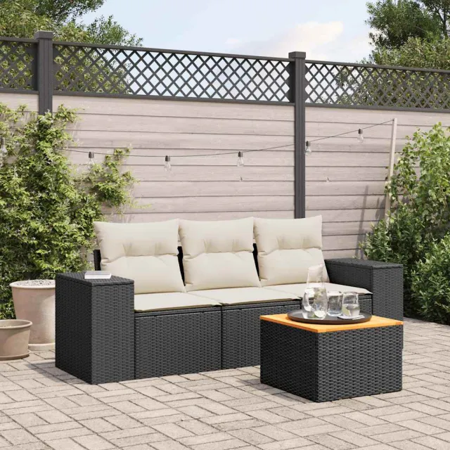 vidaXL 4-delige Loungeset met kussens poly rattan zwart, foto 2