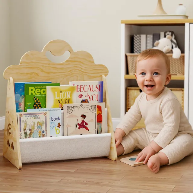 Flintry Houten Kinderboekenrek, Montessori-Boekenrek, Geschikt voor Kinderkamers, Babykamers en Klaslokalen, Boekenrek voor Peuters, Boekenplanken voor de Babykamer, Boekenkast voor Kinderen