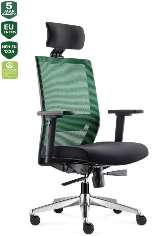Bens 850H-Ergo-3 Groen - Ergonomische Bureaustoel - Kantoorstoel - incl. Hoofdsteun - Gepolijst aluminium voetenkruis - GREENGUARD GOLD - NEN-EN1335 & ARBO normen Groen/Aluminium incl. hoofdsteun