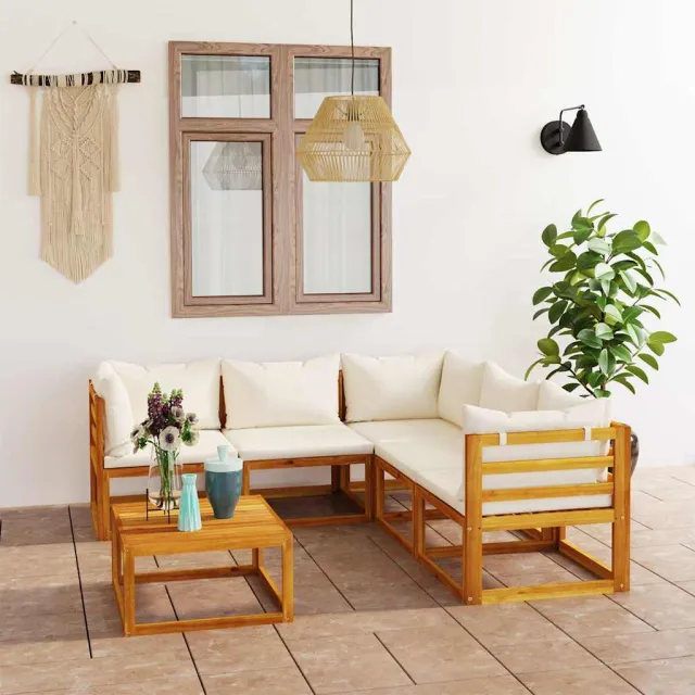 vidaXL 6-delige Loungeset met kussens massief acaciahout crème, foto 2