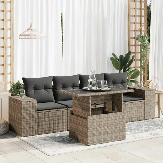 vidaXL 5-delige Loungeset met kussens poly rattan grijs, foto 2