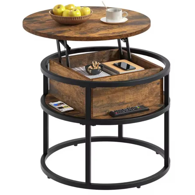 Livoo Industriële Salontafel met Lift Top - Ronde Bijzettafel met Opbergvak - Salontafel Verhoogbaar - Houtlook & Metaal - Ø 60 cm - Vintage Bruin/Zwart rustic brown