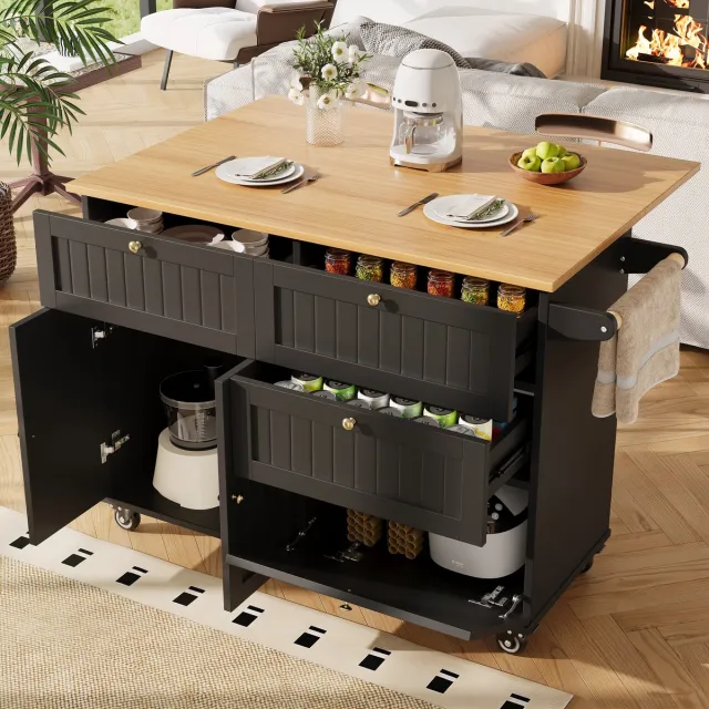 OKWISH Keukeneiland – Multifunctionele Serveerwagen Meerdere Vakken – 133×37.3×88 cm – MDF Zwart – 3D Deuren, Rollen & Verstelbare Voeten, Kettingrem