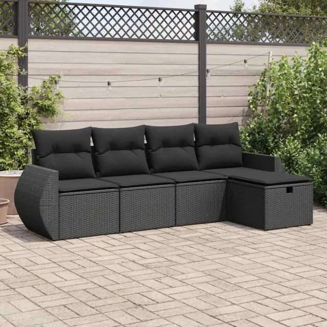 vidaXL 5-delige Loungeset met kussens poly rattan zwart, foto 2