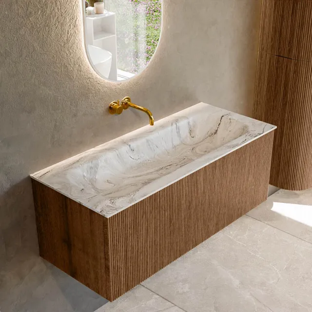 Mondiaz KURVE-DLUX 110 cm Onderkast Greeploos 1 Lade Zonder Deuren Walnut, Wastafel Solid Surface Volledig Glace 0 Kraangaten Zonder Spiegel (KRVBGM1101L0D0KM-Wal/Gla)