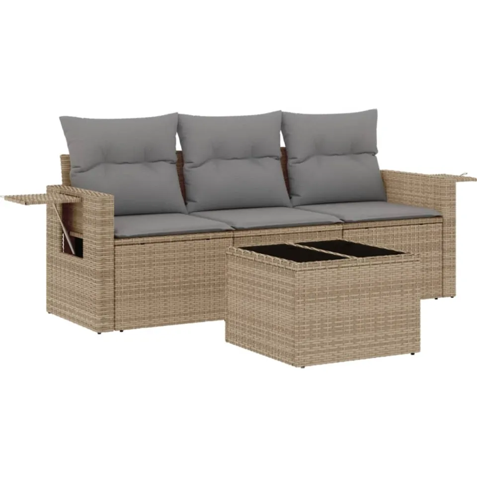 vidaXL 4-delige Loungeset met kussens poly rattan beige