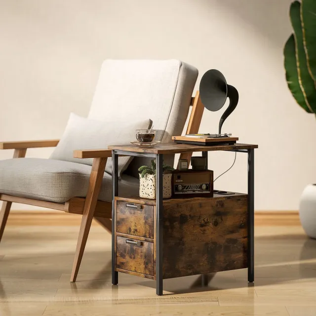 FloraGrace Bijzettafel - Oplaadstation Met USB En Type C - Voor Woonkamer En Slaapkamer - Metaal En Spaanplaat - Bruin - 55x35x58,5 Cm Brown
