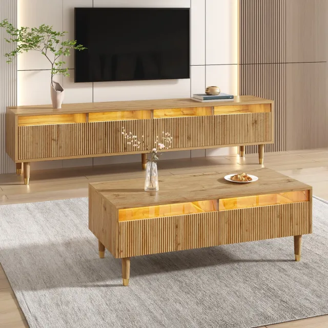 HAUSS SPOLE Woonkamerset - TV-Meubel Met 4 Deuren En Salontafel Met 2 Laden - 7-Kleurige LED - Acrylfronten Met 3D-Golf - MDF Met Poten - Houtkleur Bruin