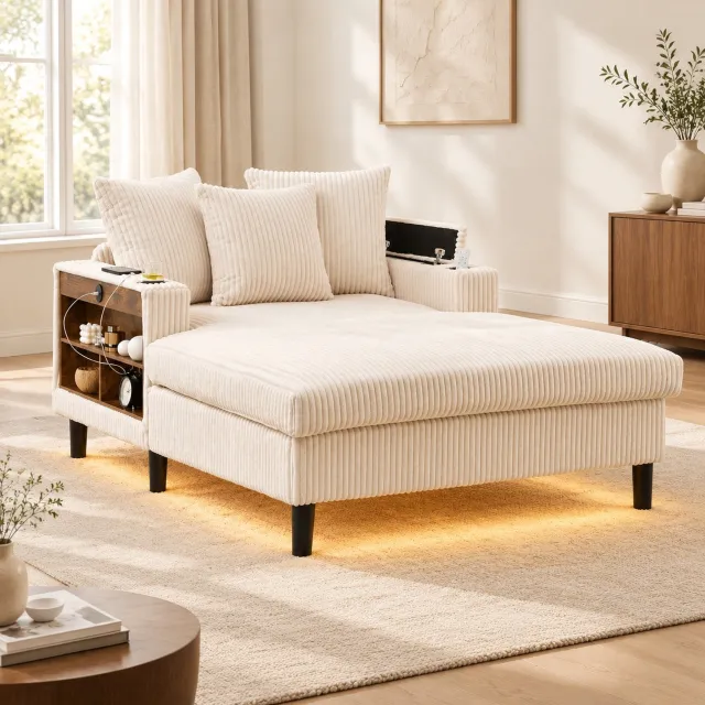 WUVRIE Chaise longue 170x129 cm - Ribstof met LED, USB-oplaadpoort en opbergruimte - Beige