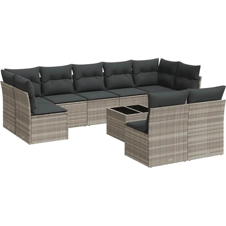 vidaXL 10-delige Loungeset met kussens poly rattan lichtgrijs