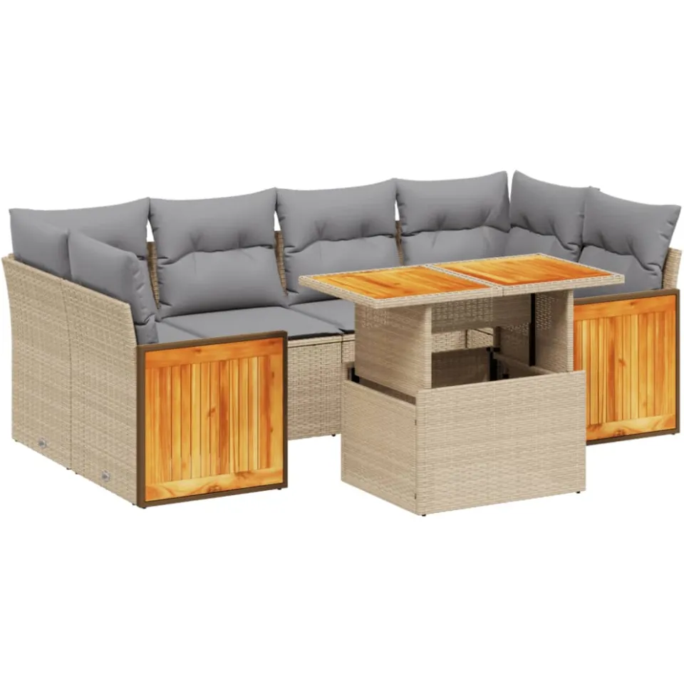 vidaXL 7-delige Loungeset met kussens poly rattan beige, foto 3