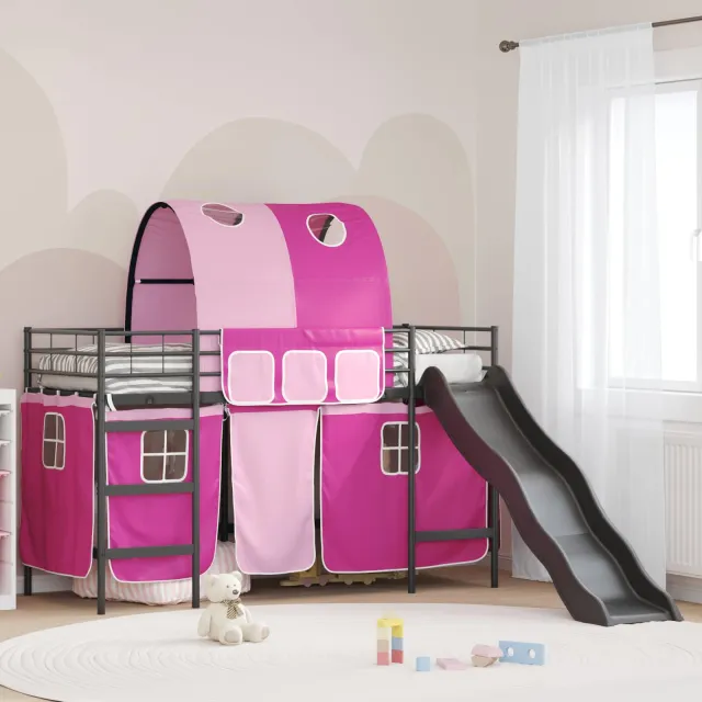 vidaXL Bunkbed voor kinderen met gordijnen Zwart en Roze 90 x 190 cm