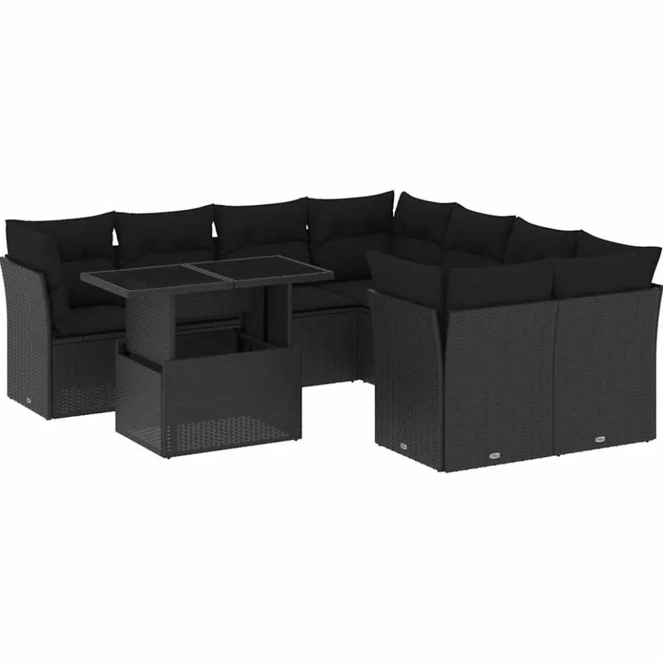 vidaXL 9-delige Loungeset met kussens poly rattan zwart