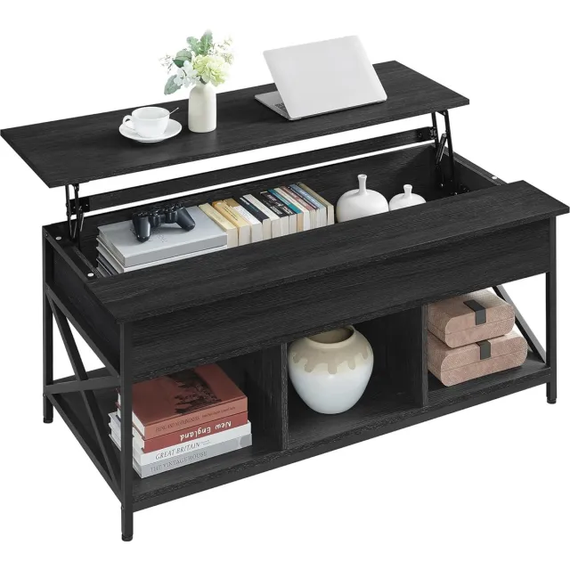 FurnStar Salontafel - In Hoogte Verstelbare Woonkamertafel - Koffietafel - Open En Verborgen Opbergruimte - 60 X 120 X (48-62) Cm - Antraciet Grijs-Zwart