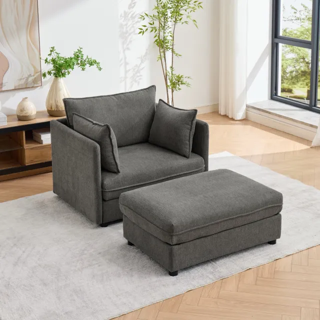 in& out door furniture Modern, minimalistisch eenpersoonsbank & loungestoel voor kleine ruimtes – Inclusief opbergpoef (stoffen loungesofa voor de woonkamer) Donkergrijs
