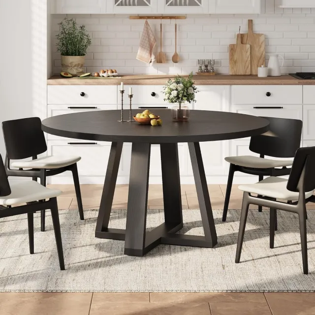 HOERFURIY Moderne eettafel – voor 4-6 personen – landelijke eettafel – ronde keukentafel – houten voetstuk – voor eetkamer, woonkamer – 120×120×76 cm – zwart
