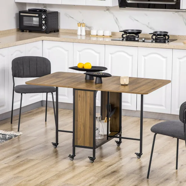 HAUSS SPOLE Opklapbare Eettafel - Mobiel Met Wielen En Opbergrek - Voor Keuken En Woonkamer - Spaanplaat - 130x80x74 Cm - Bruin