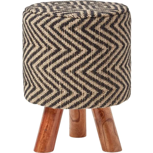 Homescapes Ronde jute kruk met houten poten – etnisch patroon zwart-naturel, 32 x 32 x 42 cm Zwart-Natuur