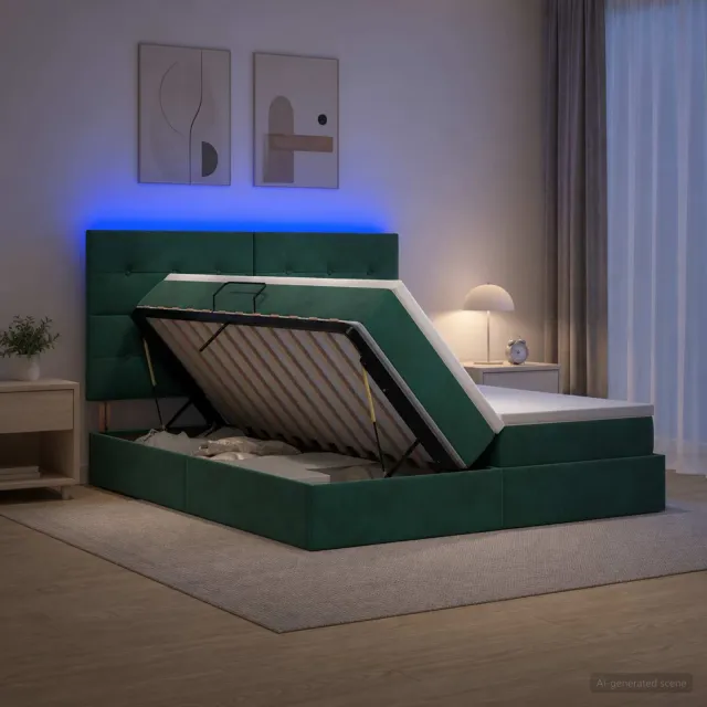 vidaXL LED Opslagbed met Matras Donkergroen 200 x 200 cm Fluweel
