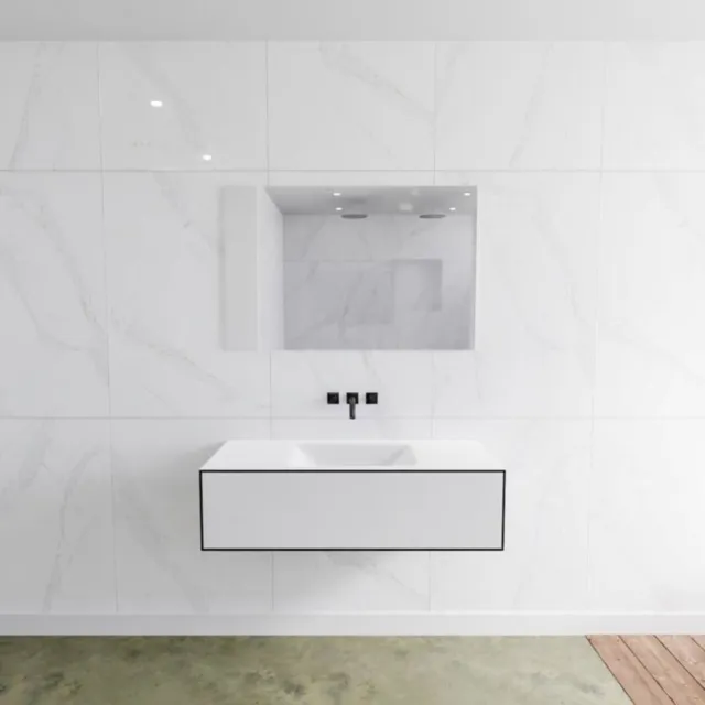 Mondiaz Badkamermeubelset Mondiaz LAGOM 110 cm met Gecentreerde Wastafel Solid Surface Zonder Kraangaten Mat Wit (1 lade)