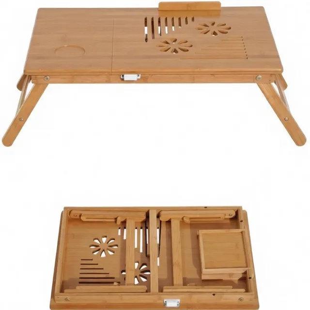 COVREO Bedtafel 55x35 cm naturel bamboe, opklapbaar met lade en verstelbaar Natuurlijk