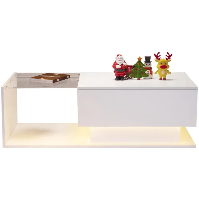 Merax Hoogglans Salontafel – 100x50 cm – met Glasplaat – LED-Verlichting & Opberglade – Wit