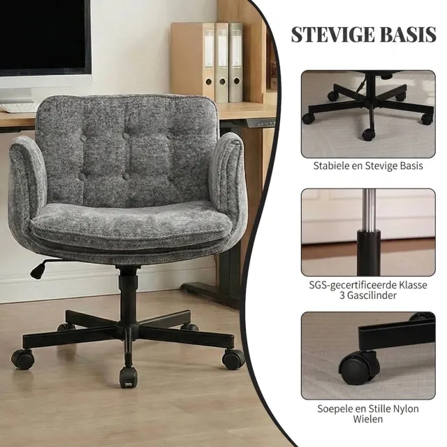 Ropilly Bureaustoel met opklapbare armleuningen - Comfortabel thuiswerken en ontspannen - Ergonomische bureaustoel - Zachte chenille stof - Donkergrijs DARK GREY