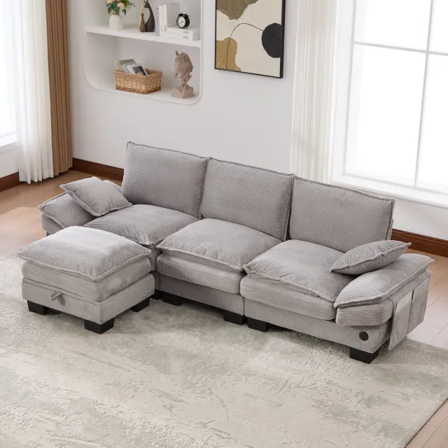 MIVRAY Hoekbank 260 x 132 cm - 3-Zits Met Hocker, Usb C Aansluiting En Zijvakken - Voor Woonkamer Of Kantoor - Cord Lichtgrijs Lichtgrijs, 3-zitsbank
