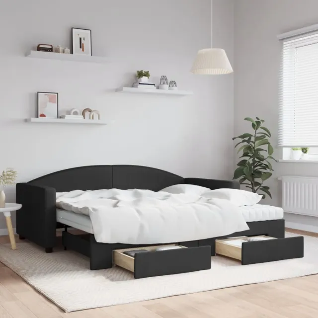 vidaXL Slaapbank met onderschuifbed en lades 90x190 cm stof zwart