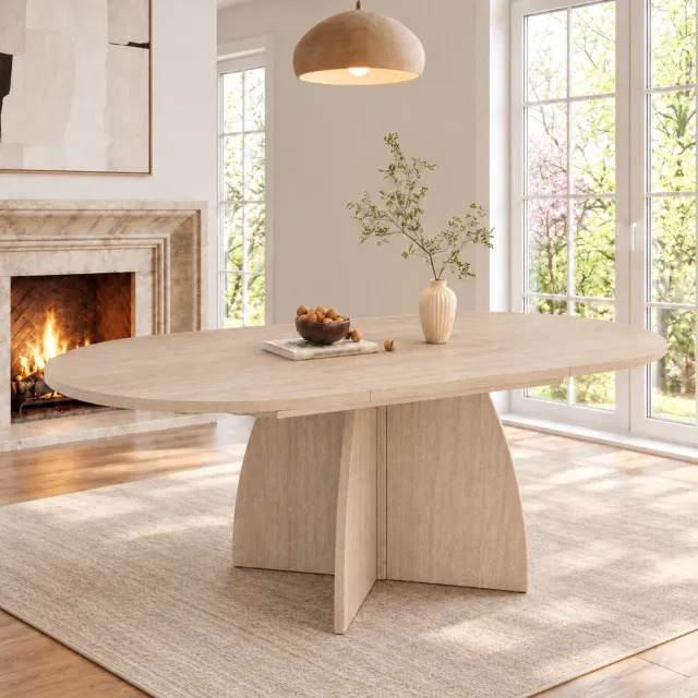 MIVRAY Uitschuifbare Eettafel - Travertinlook Met Afgeronde Hoeken - Voor Dagelijkse Maaltijden En Diners - MDF - 120 Tot 180 x 90 x 75 Cm Travertijn
