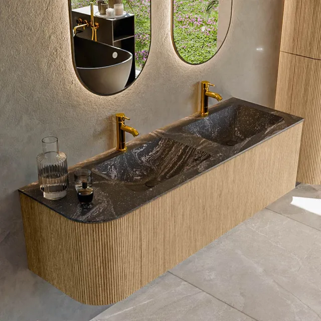 Mondiaz KURVE-DLUX 145 cm Onderkast Greeploos 1 Lade Met Deuren Oak, Wastafel Solid Surface Rechts Lava 2 Kraangaten Zonder Spiegel (KRVLEA145L1L1D2KD-Oak/Lav)