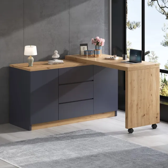 REDOM Draaibaar Bureau 120x50x76,5 cm - Hoekbureau met Opbergruimte - 3 Lades en 2 Deuren - Vergrendelbare Wielen - Grijs/Eikenhoutlook Grijs+Eiken