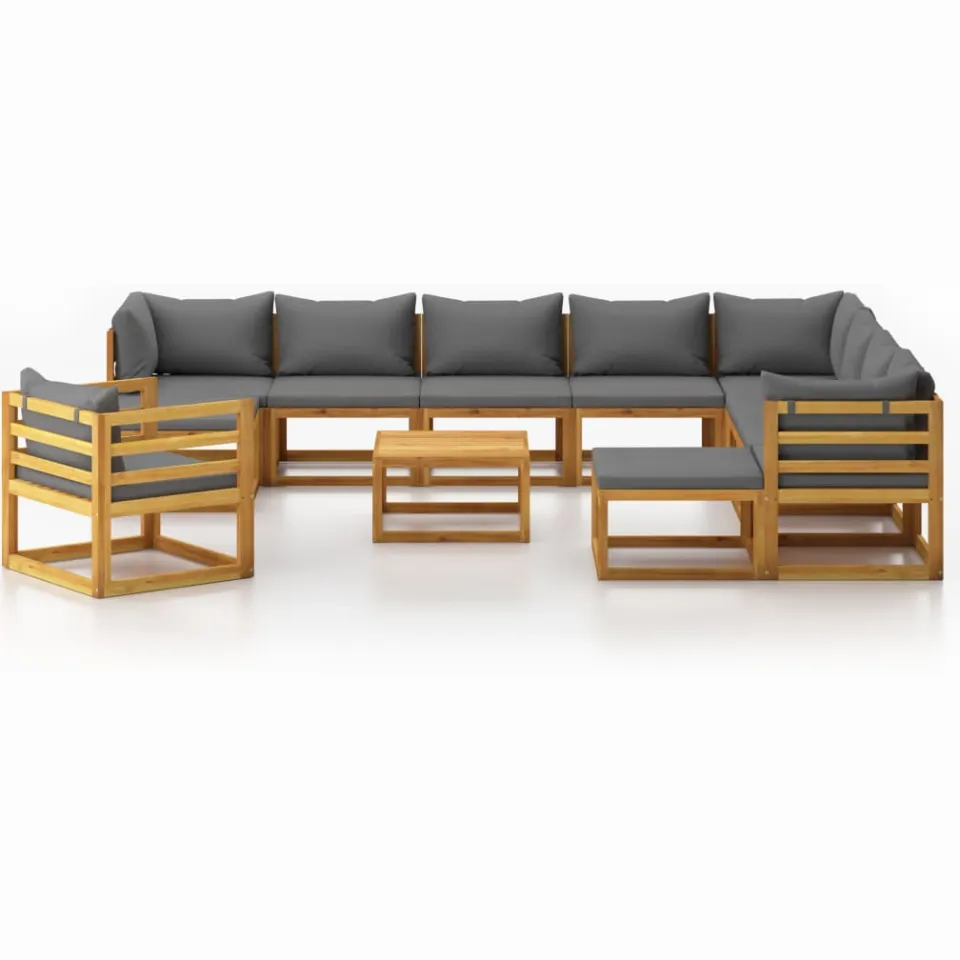 vidaXL 12-delige Loungeset met kussens massief acaciahout Grijs