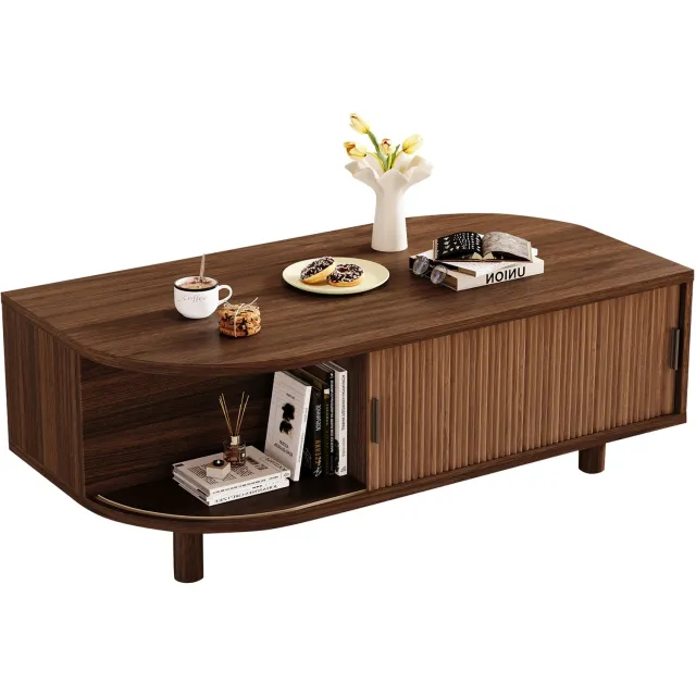 REDOM Salontafel 100x50x35 cm - 2 roldeuren en opbergruimte - Walnootkleur