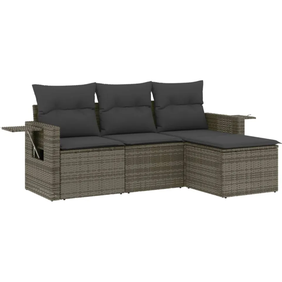 vidaXL 4-delige Loungeset met kussens poly rattan grijs, foto 3