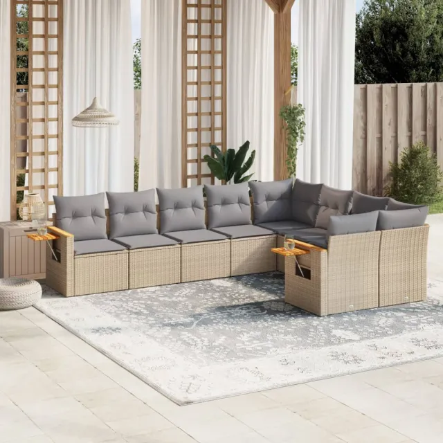 vidaXL 9-delige Loungeset met kussens poly rattan beige, foto 2
