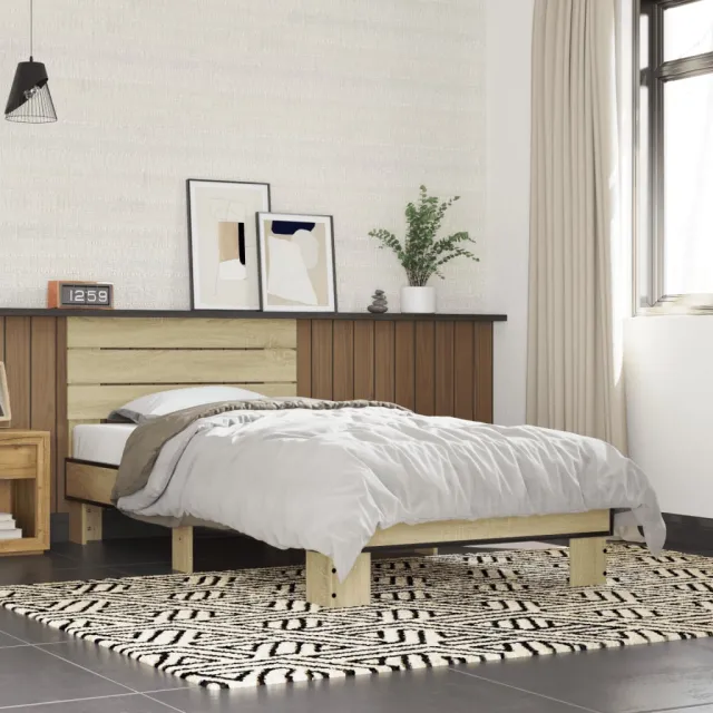 vidaXL Bedframe bewerkt hout en metaal sonoma eikenkleurig 90x190 cm