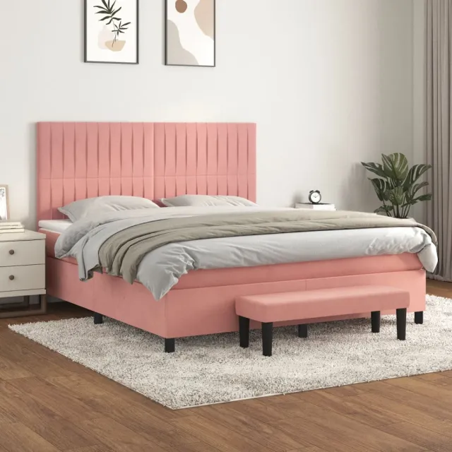 vidaXL Boxspring met matras fluweel roze 160x200 cm