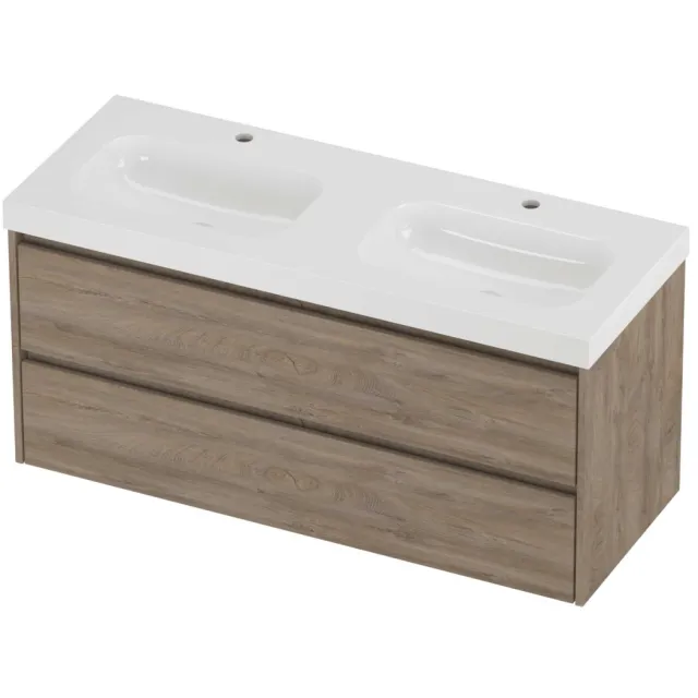 Proline Haga Badmeubelset Polystone Mezza 2 Gaten 120x46x58 cm Glans Wit Raw Oak Eiken