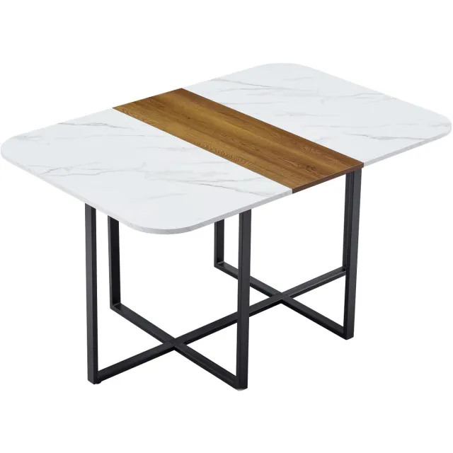 MIVRAY Eettafel - Marmerlook En Houtlook Met Zwart Metalen Frame - Voor Eetkamer En Kleine Ruimtes - MDF - 150x100x78,5 Cm - Wit
