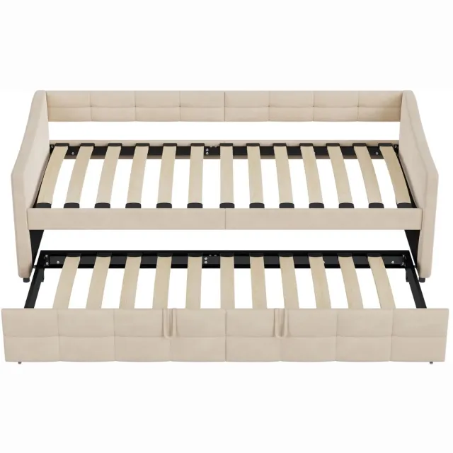 Happiq Slaapbank 90/180x200 cm Creme – Uitschuifbaar Bed