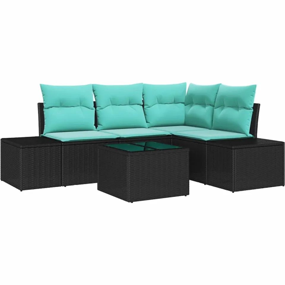 vidaXL Tuinbankenset met opslag Zwart en Turquoise poly rattan