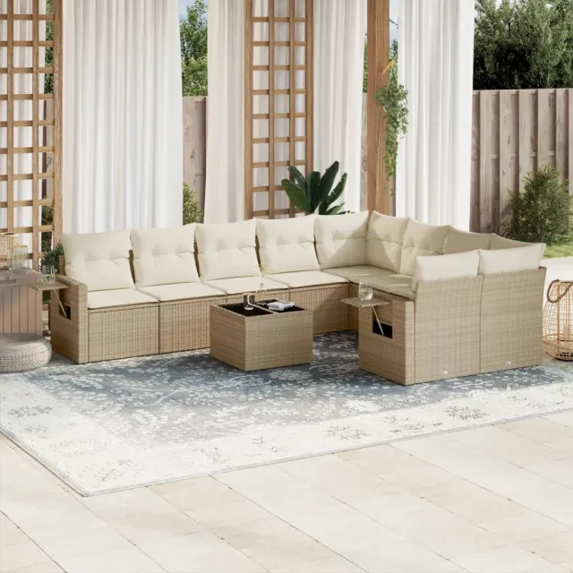 vidaXL 10-delige Loungeset met kussens poly rattan beige, foto 2