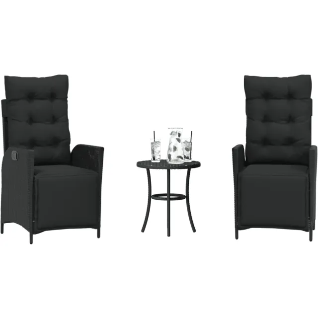 vidaXL 3-delige Bistroset met kussens poly rattan zwart