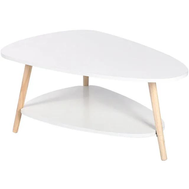Linkforu Salontafel - Driehoekig Design - Met Opbergplank - Wit - Houten Poten - Compact - Scandinavische Stijl
