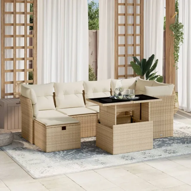vidaXL 7-delige Loungeset met kussens poly rattan beige, foto 2