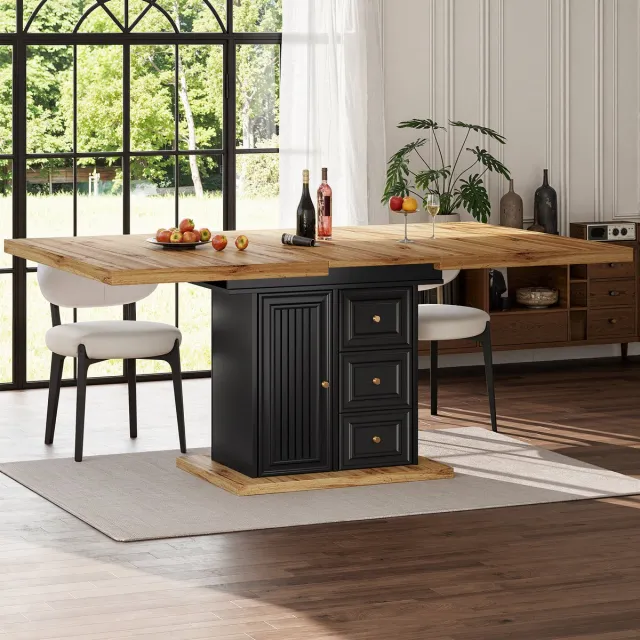 OKWISH Eettafel Uitschuifbaar – 110–140x80x75 cm – 1 Deur 2 Lades 1 Vak – Met Telescoopmechanisme En Opbergruimte Onderblad – MDF;Metaal Notenbruin Natuurlijk